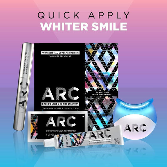 ARC Blue Light Teeth Whitening Kit – 28 Strips & Blue Light for Pro-Level Whitening, Enamel-Safe, 14 Treatments