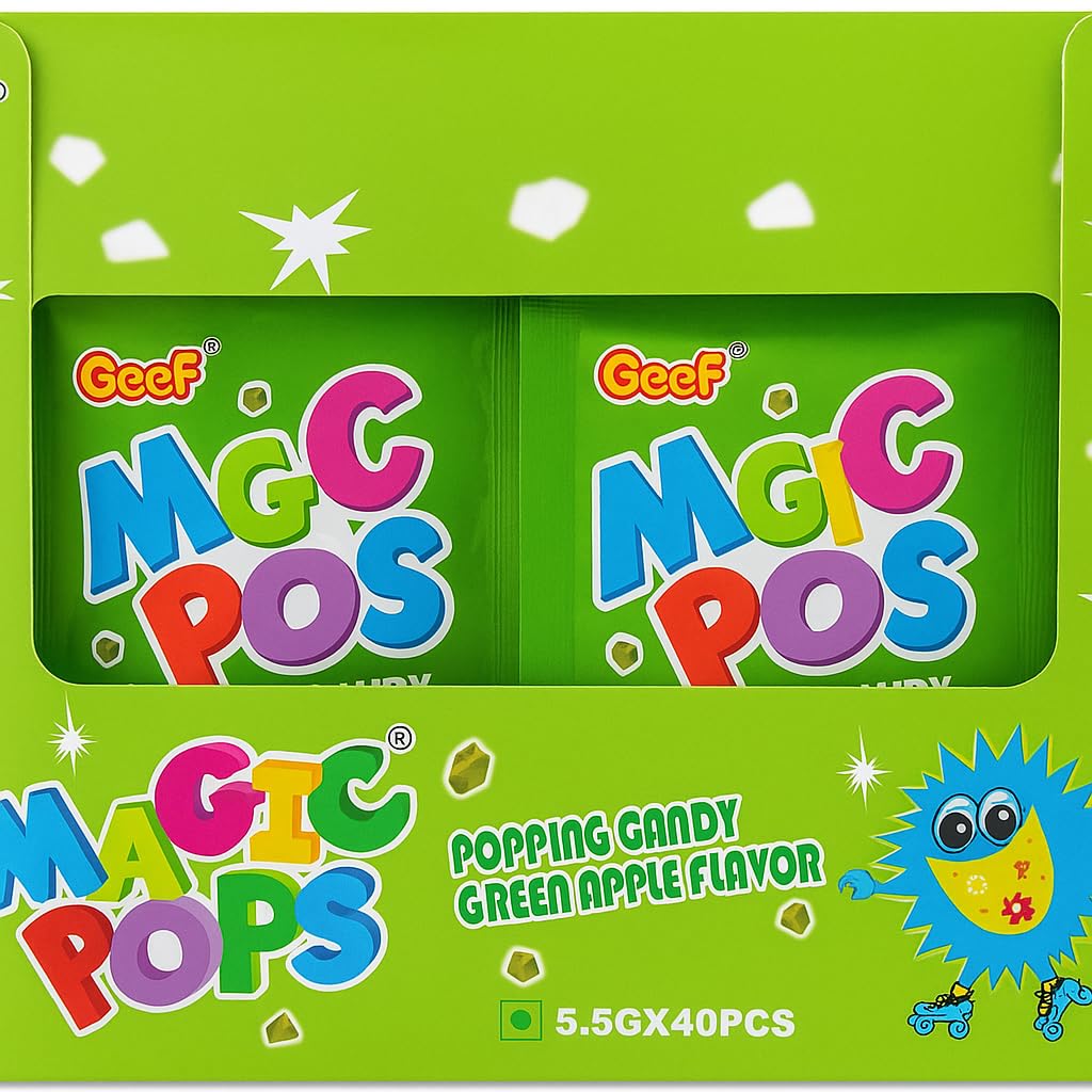 Geef Magic Pops Popping Candy – Green Apple Flavour, Crackling Fizzy Fun (40 x 5.5g Sachets, Imported)