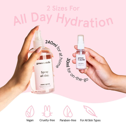 Grace & Stella Rose Water Facial Spray – Award-Winning Hydrating Rose Mist with Hyaluronic Acid for Radiance, Redness & Oil Control – Vegan Toner & Makeup Setting Spray – 240ml