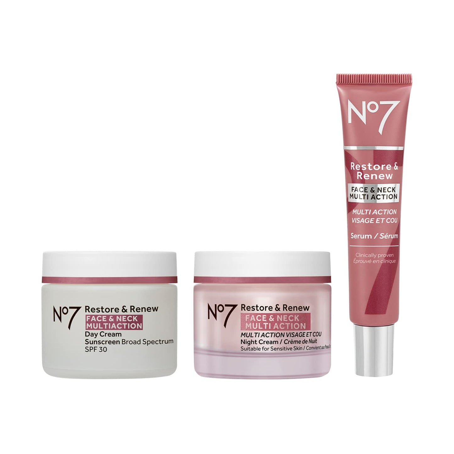 No7 Restore & Renew Face & Neck Multi Action Skincare System – Anti-Aging 3-Piece Kit with SPF 30 Day Cream, Collagen Facial Serum & Hydrating Night Cream