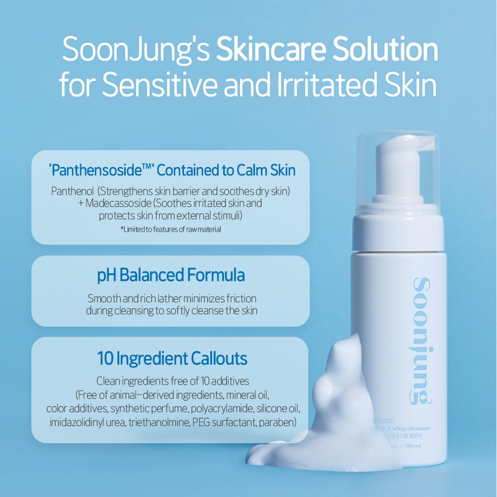 ETUDE Soonjung pH 6.5 Whip Cleanser – Gentle Low pH Face Wash for Sensitive Skin with Panthenol & Madecassoside, 5.07 fl oz