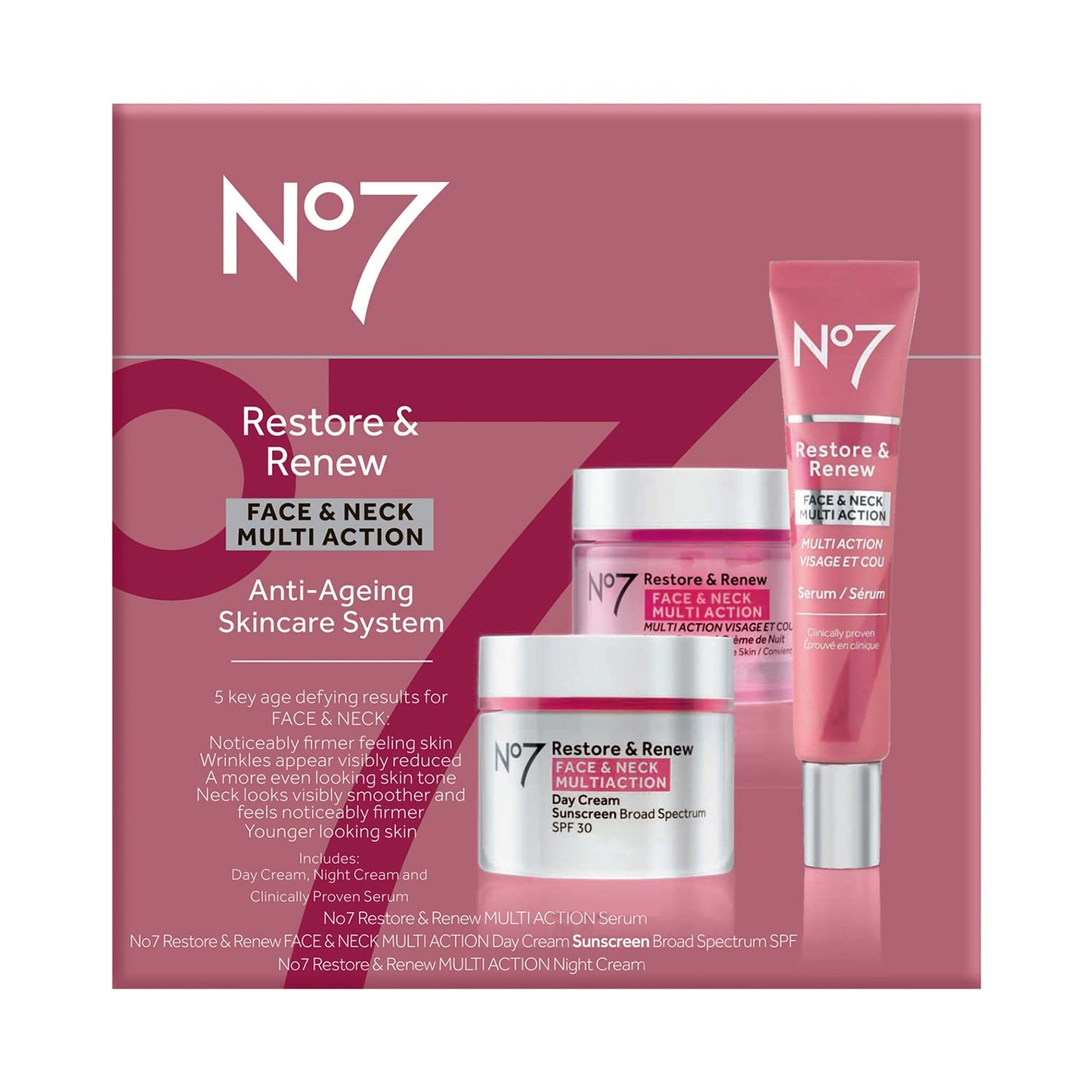 No7 Restore & Renew Face & Neck Multi Action Skincare System – Anti-Aging 3-Piece Kit with SPF 30 Day Cream, Collagen Facial Serum & Hydrating Night Cream
