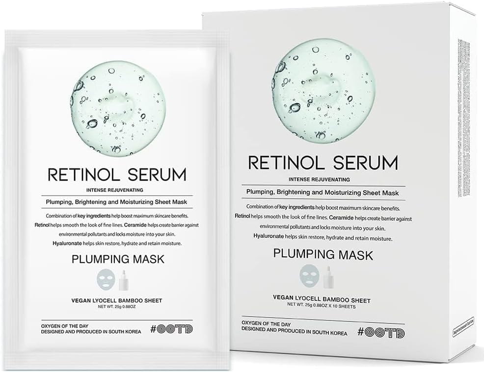 OOTD Retinol Serum Vegan Sheet Mask – Anti-Aging Korean Face Masks with Ceramide & Hyaluronic Acid | Hydrating Bamboo Lyocell Facial Masks (10 Count)