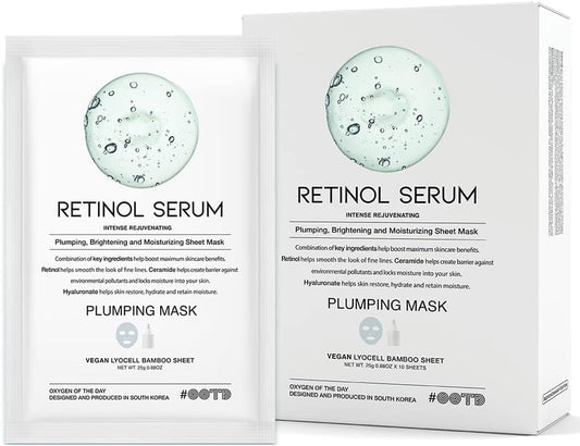 OOTD Retinol Serum Vegan Sheet Mask – Anti-Aging Korean Face Masks with Ceramide & Hyaluronic Acid | Hydrating Bamboo Lyocell Facial Masks (10 Count)