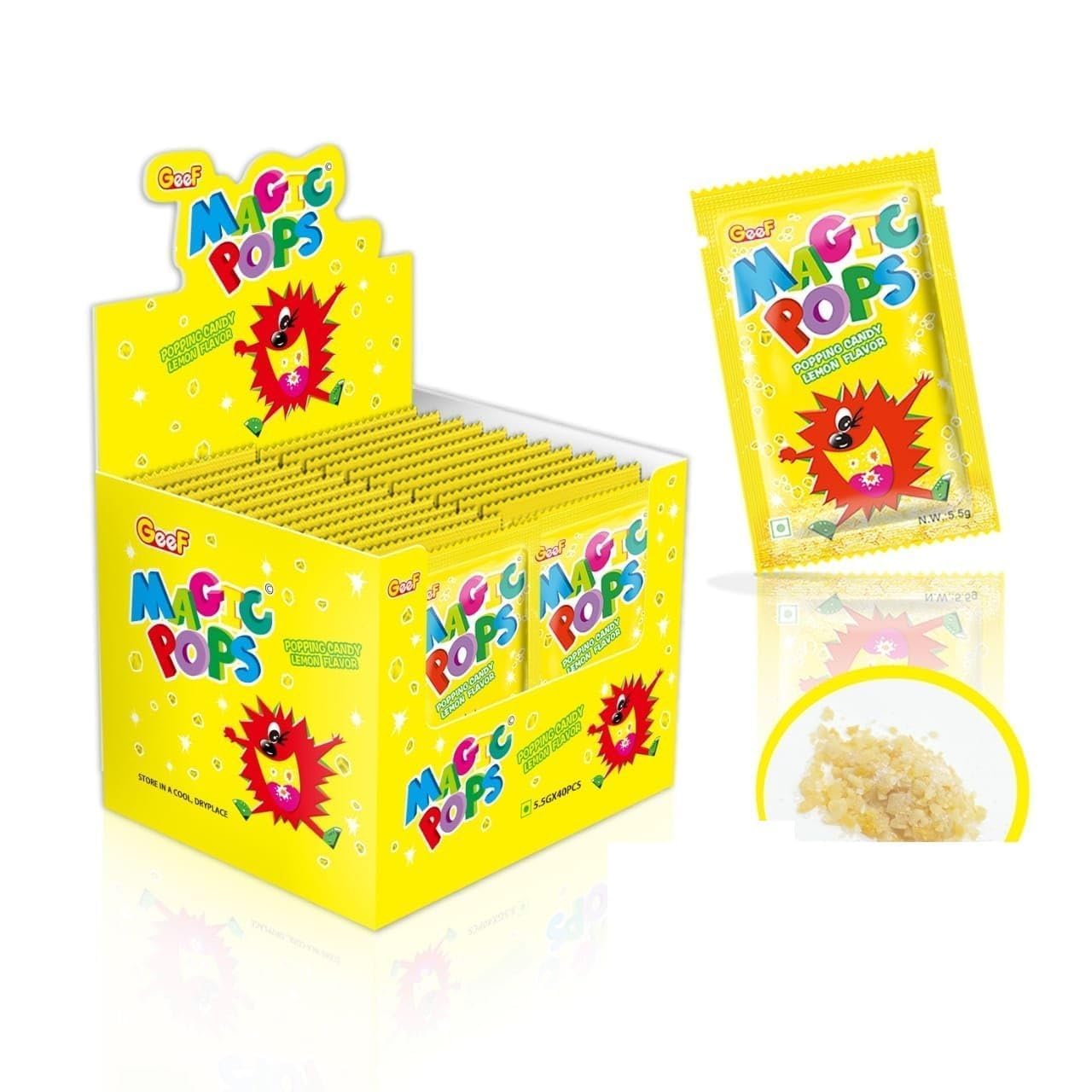 Geef Magic Pops Tangy Lemon Popping Candy – 40 Sachets (5.5g Each) | Fun Fizzy Crackling Candy for Kids & Parties (Imported, Vegetarian)