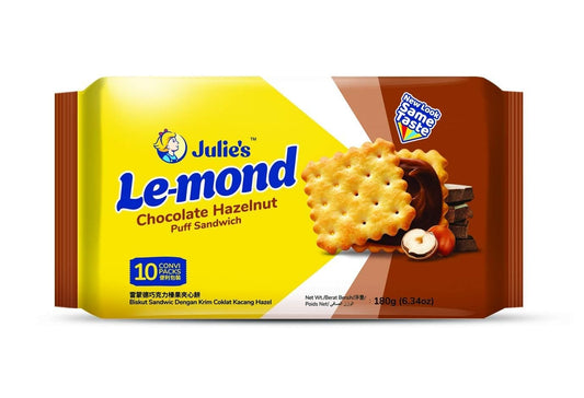 Julie’s Le-mond Chocolate Hazelnut Puff Sandwich Biscuits – Crispy & Creamy Snack 180g (Imported)