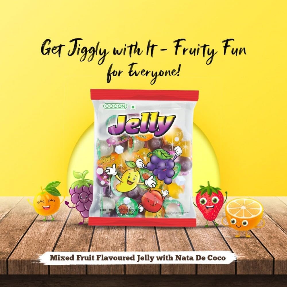 Cocon Jelly Mixed Fruit Flavour with Nata de Coco | Soft & Chewy Jelly Candy | 300g Pouch (Imported, Vegetarian)
