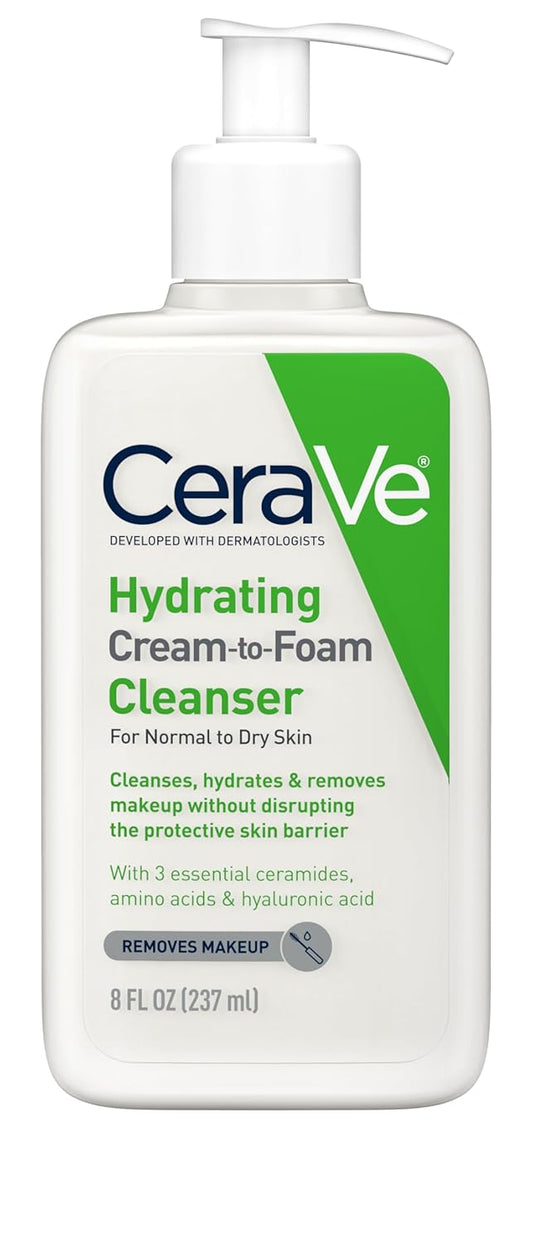 CeraVe Hydrating Cream-to-Foam Cleanser | Makeup Remover & Daily Face Wash with Hyaluronic Acid & Ceramides for Normal to Dry Skin, Fragrance-Free, 8 fl oz