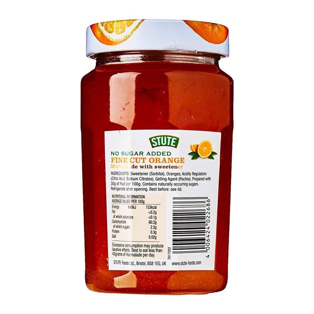 Stutes No Sugar Added Fine Cut Orange Marmalade – Diabetic Friendly Citrus Spread | 430g Glass Jar (Imported)