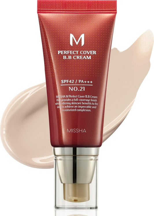 MISSHA M Perfect Cover BB Cream No.21 Light Beige – SPF 42 PA+++ Tinted Moisturizer & Sunscreen – Lightweight Foundation & Concealer – 1.69 Fl Oz