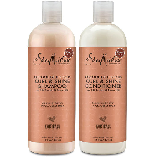 SheaMoisture Coconut & Hibiscus Curl & Shine Shampoo & Conditioner Set – Frizz Control & Curl Definition, Sulfate-Free, 16oz Each