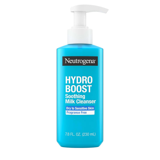 Leche limpiadora calmante Neutrogena Hydro Boost con ácido hialurónico | Limpiador facial hidratante y desmaquillante para piel sensible, sin fragancia, 225 ml