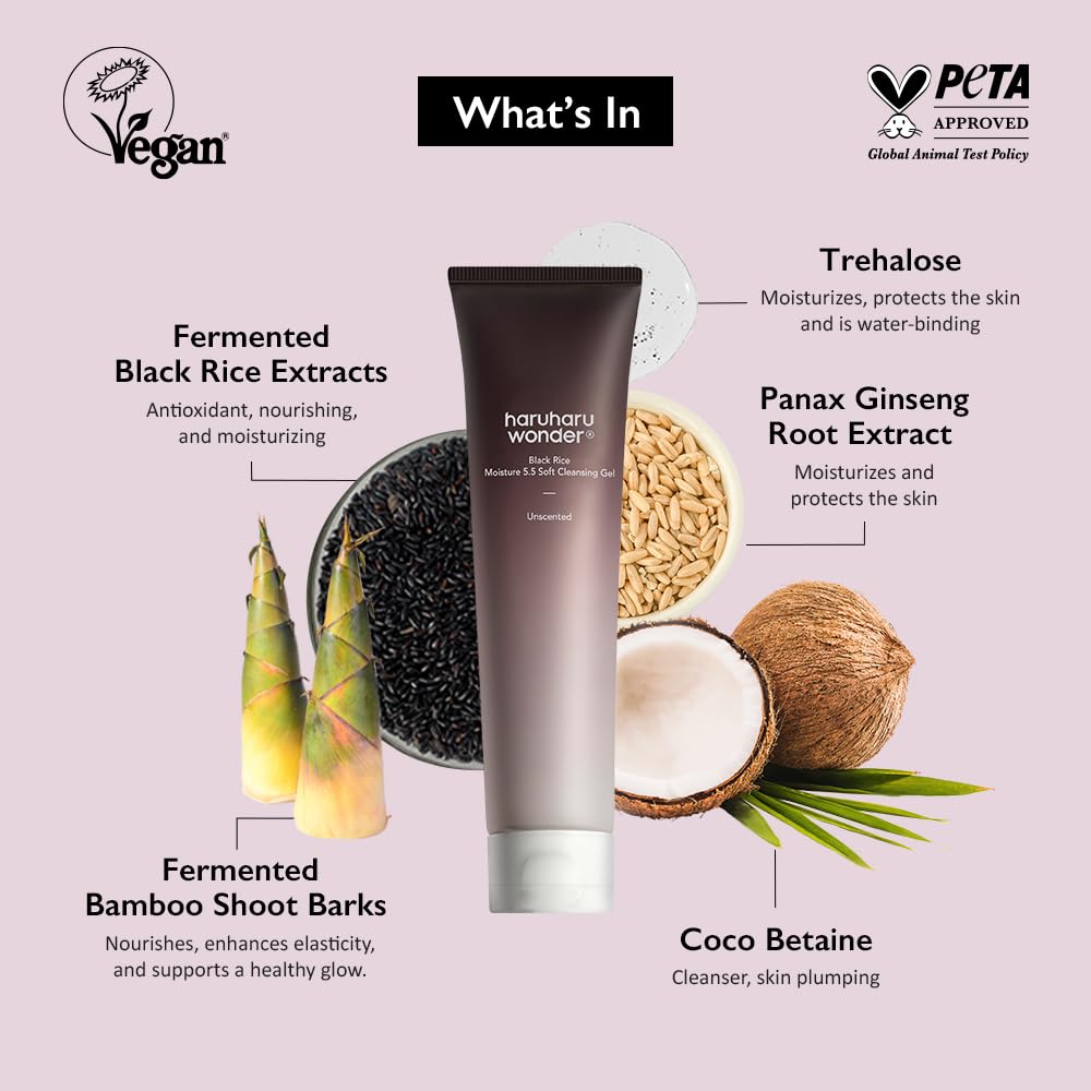 Haruharu Wonder Black Rice Moisture 5.5 Soft Cleansing Gel – Gentle Hydrating Korean Face Wash for Dry to Normal Skin, 3.4 fl oz