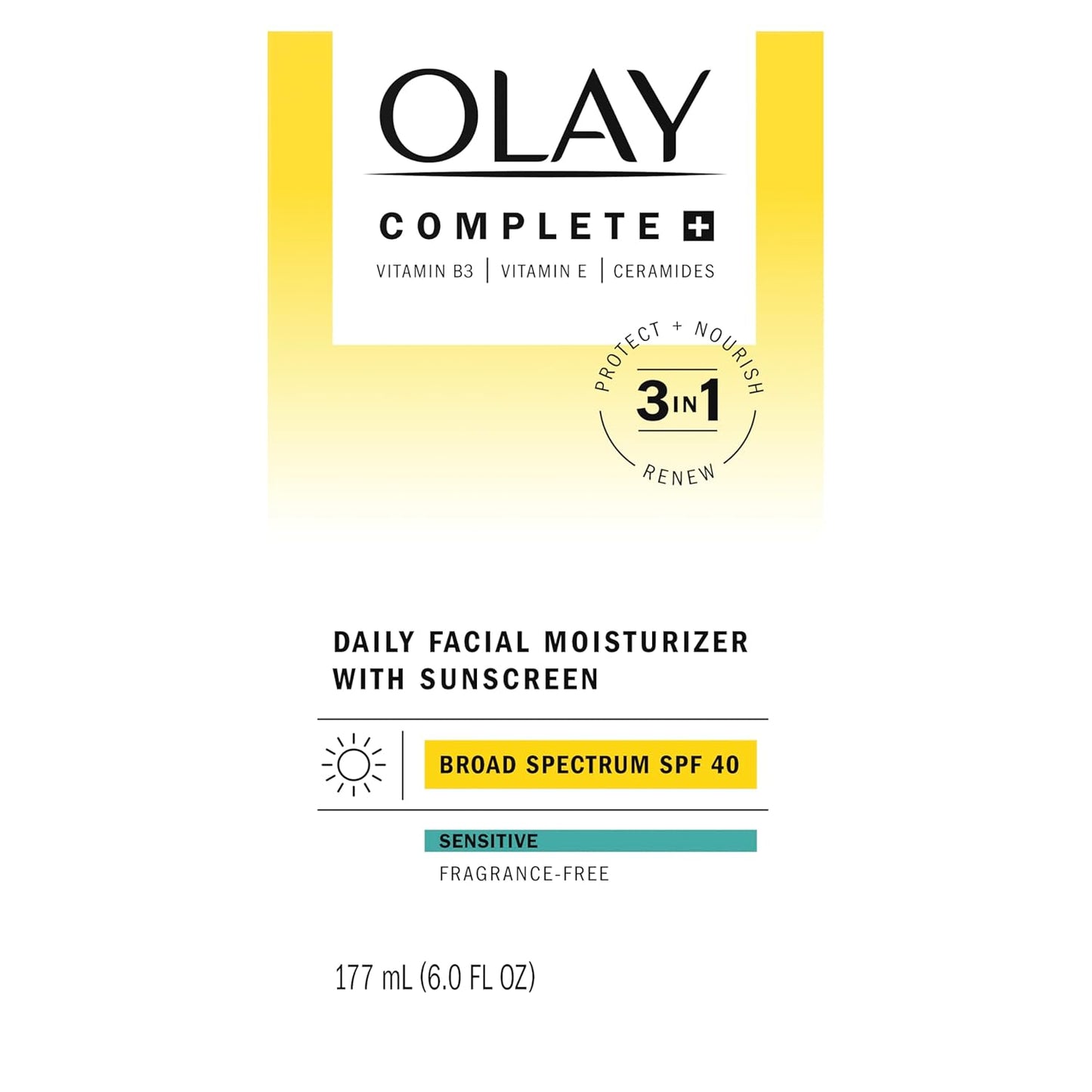 Olay Complete+ Moisturizer with Sunscreen SPF 40 | Fragrance-Free Face Lotion for Sensitive Skin | No White Cast, Lightweight, Vitamin-Enriched (6 oz)