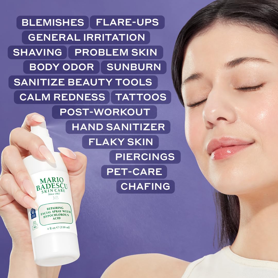 Mario Badescu Repairing HOCl Facial Spray – Soothes Redness & Irritated Skin, Hypochlorous Acid Hydrating Mist, Fragrance-Free, 4 fl oz