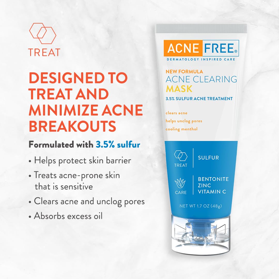 AcneFree Acne Clearing Mask – 3.5% Sulfur Treatment with Vitamin C, Bentonite & Zinc – Absorbs Oil, Unclogs Pores & Reduces Breakouts, 1.7 oz