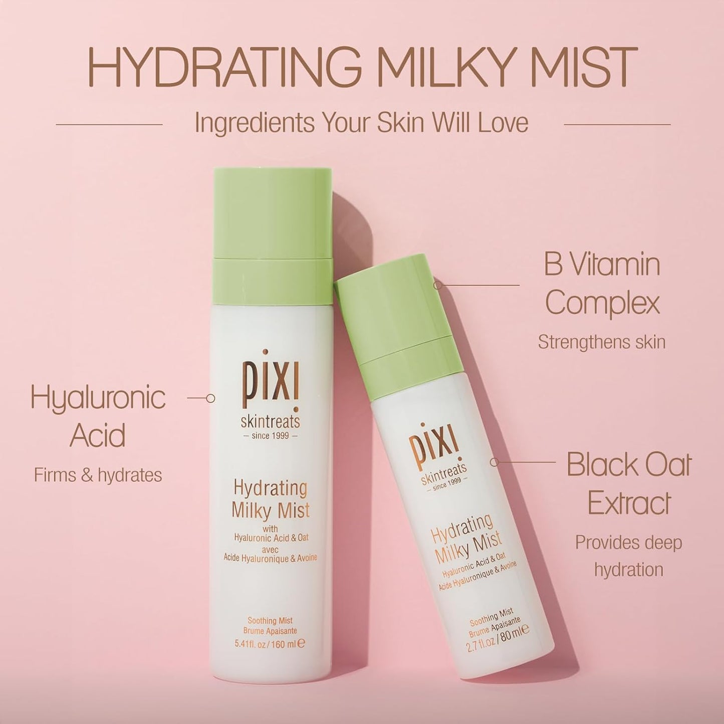 Pixi Beauty Milky Mist – Hydrating Face Spray with Hyaluronic Acid & Black Oat Extract – Lightweight Moisturizer for Dry & Sensitive Skin – Cruelty-Free – 2.7 fl oz