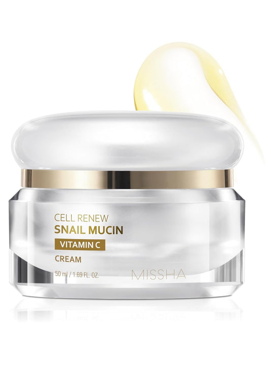 MISSHA Cell Renew Snail Mucin Vitamin C Cream – Hydrating Korean Moisturizer for Youthful Glow (1.69 fl oz)