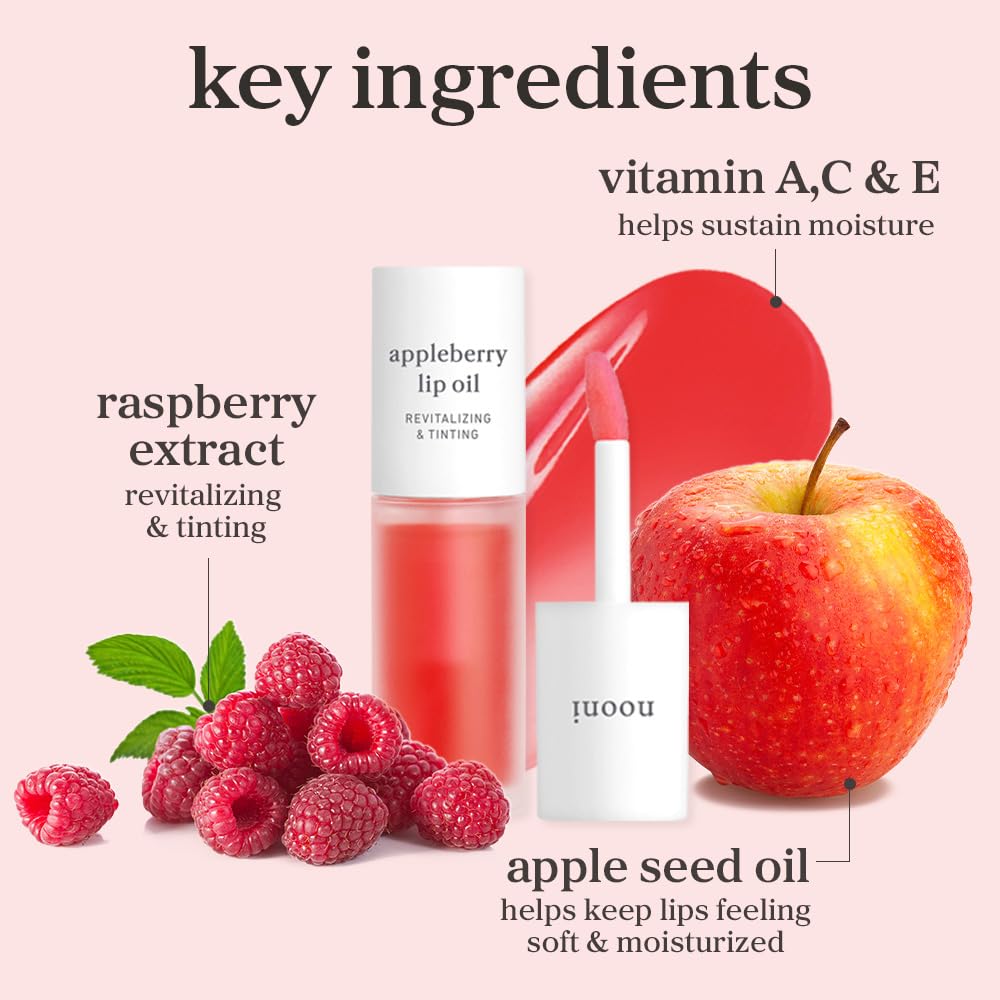 NOONI Appleberry Korean Lip Oil – Moisturizing, Plumping & Long-Lasting Hydration for Dry Lips (0.12 fl.oz)