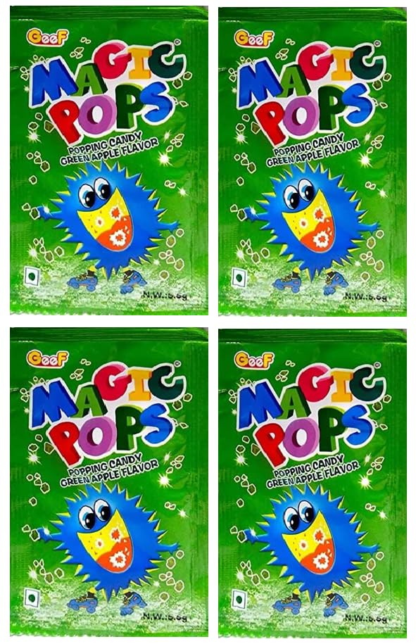 Geef Magic Pops Popping Candy – Green Apple Flavour, Crackling Fizzy Fun (40 x 5.5g Sachets, Imported)