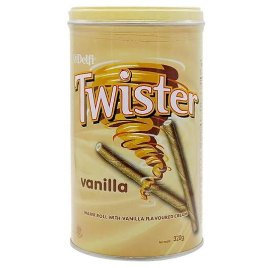 Delfi Twister Wafer Rolls – Vanilla Cream Filled Crunchy Biscuits 320g Tin (Imported from Malaysia)