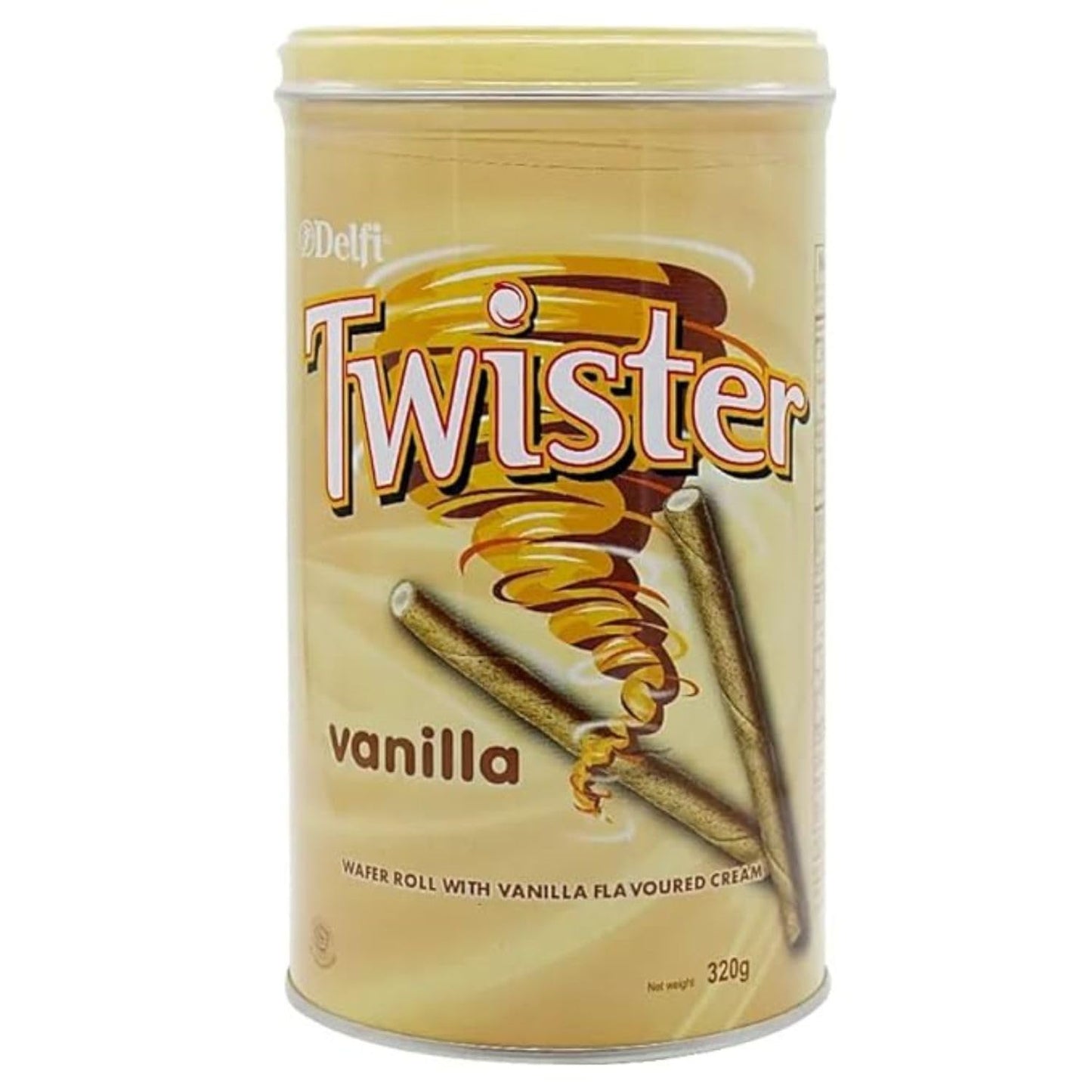 Delfi Twister Wafer Rolls – Vanilla Cream Filled Crunchy Biscuits 320g Tin (Imported from Malaysia)