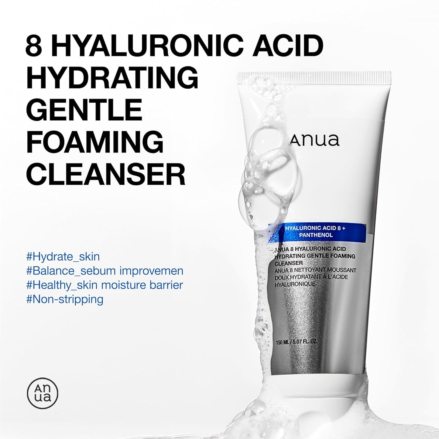 ANUA Hydrating Gentle Foaming Cleanser – Korean Face Wash with Hyaluronic Acid, Glycerin & Panthenol | Deep Clean & Moisturize for Dry Skin (150ml)
