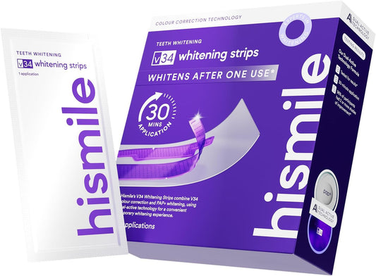 Hismile V34 Teeth Whitening Strips – Purple Colour Correction, Peroxide-Free, Bright Smile in 30 Mins (14 Strips)