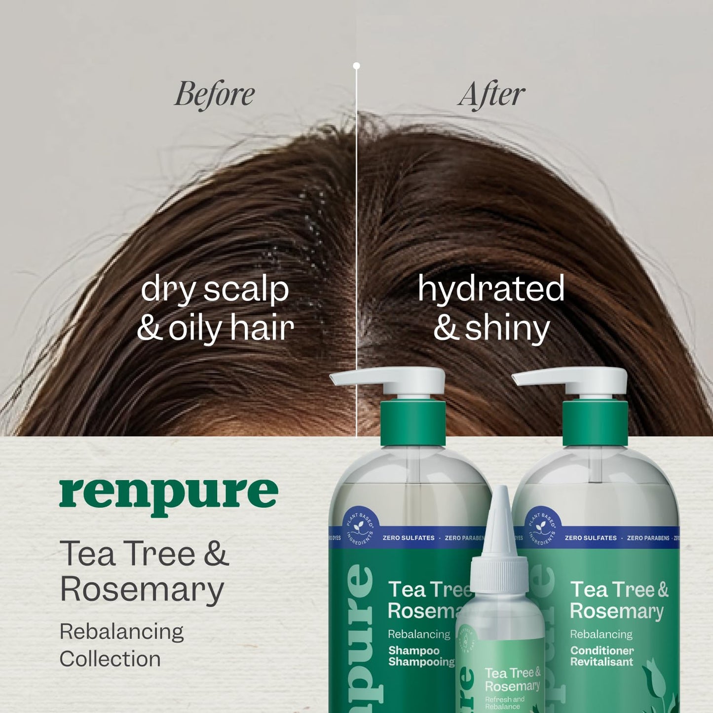 Renpure Tea Tree & Rosemary Shampoo & Conditioner Set – Plant-Based Hydrating Hair Care Duo for Oily & Normal Hair, Scalp Refresh & Balance – 24 fl oz Each, 2 Pack