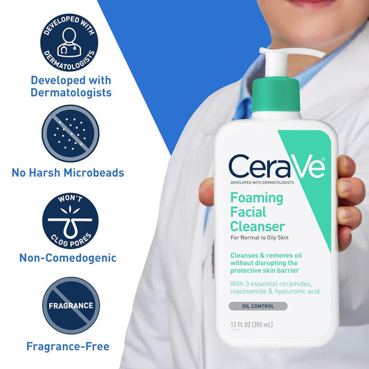 Limpiador facial espumoso CeraVe | Limpiador facial diario con control de grasa, ácido hialurónico y ceramidas | Sin fragancia