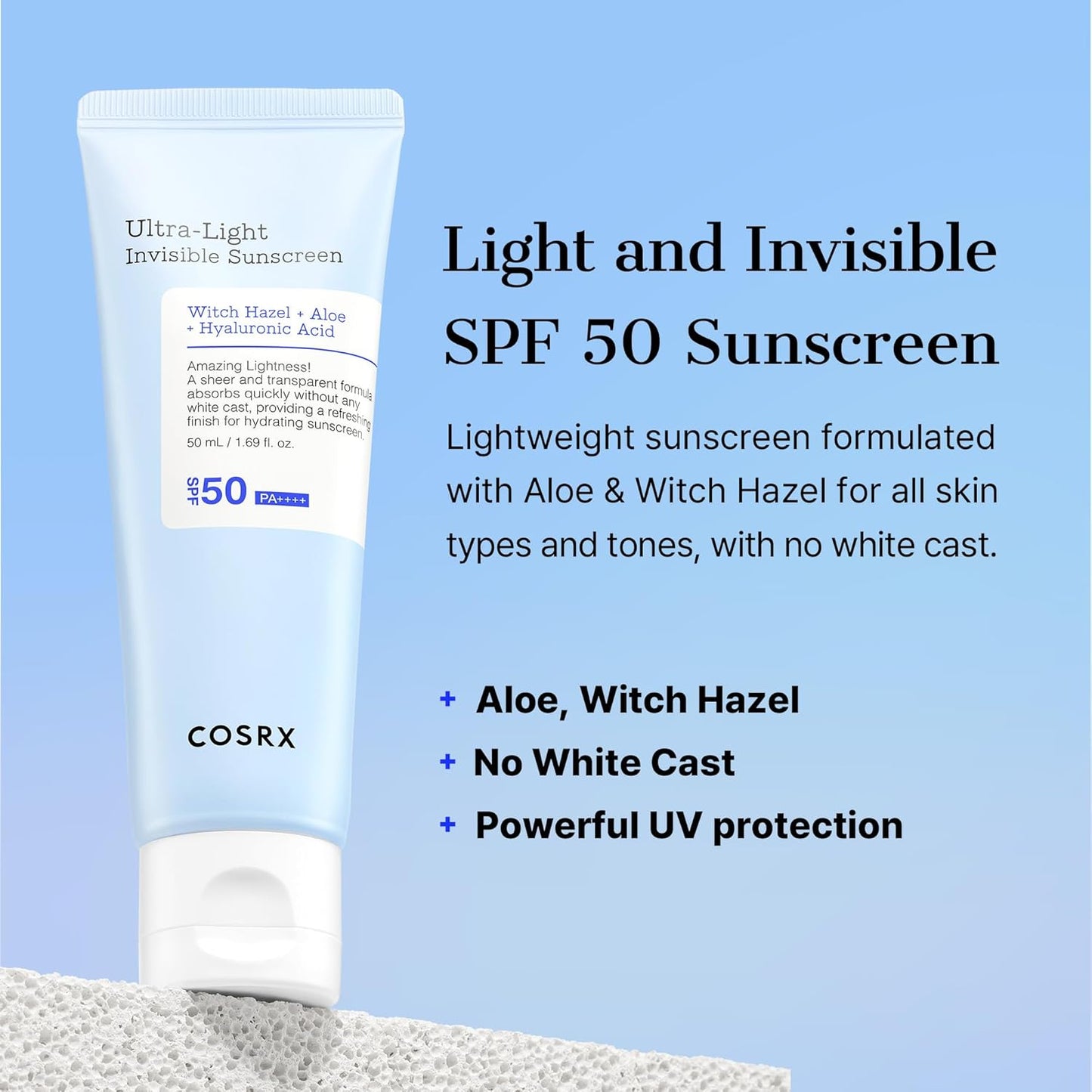 COSRX Ultra-Light Invisible Sunscreen SPF 50 – Hydrating Broad Spectrum UV Protection (55g)