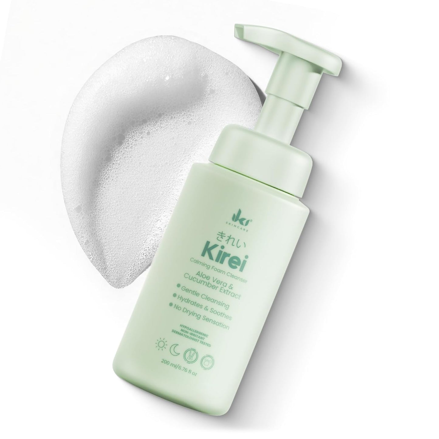 KIREI Foam Cleanser – Gentle Aloe Vera & Cucumber Face Wash, Hydrating & Soothing, Dermatologically Tested, Paraben-Free, Suitable for Sensitive Skin