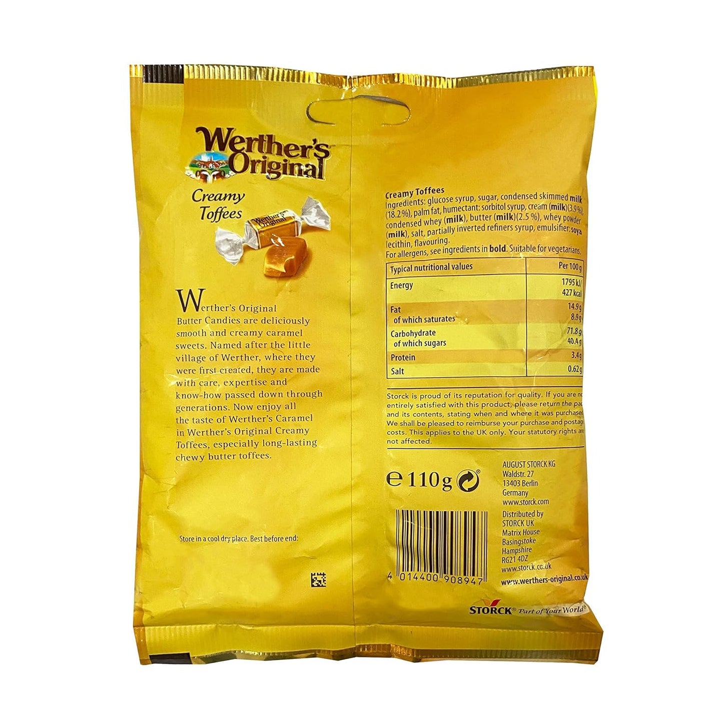 Werther’s Original Creamy Toffees – Butter & Fresh Cream Caramel Sweets | 110g (Imported, Vegetarian)