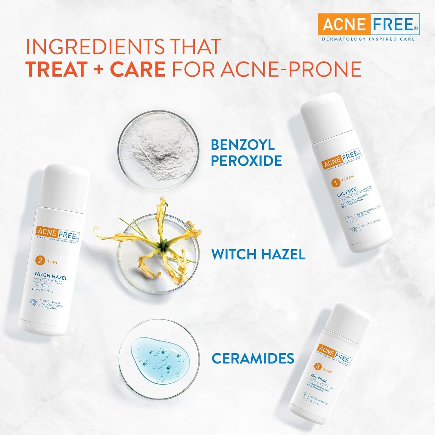 AcneFree 3 Step 24 Hour Acne Treatment Kit – Oil-Free Cleanser, Witch Hazel Toner & Acne Lotion with Benzoyl Peroxide – Dermatologist Recommended Acne Solution, 60 Day Supply