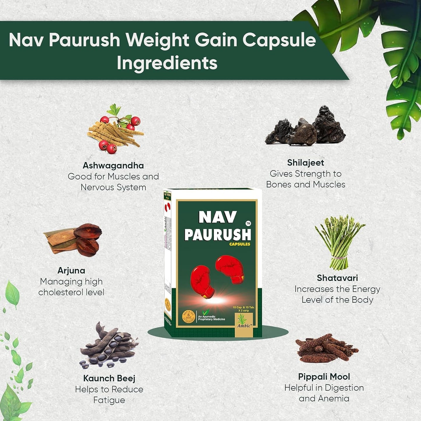 Ambic Nav Paurush Capsules – Ayurvedic Weight Gain & Muscle Growth Supplement for Strength, Stamina & Energy (60 Capsules + Tablets)