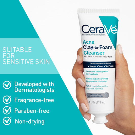 CeraVe Clay-To-Foam Acne Face Wash with Salicylic Acid & Kaolin Clay – 4oz