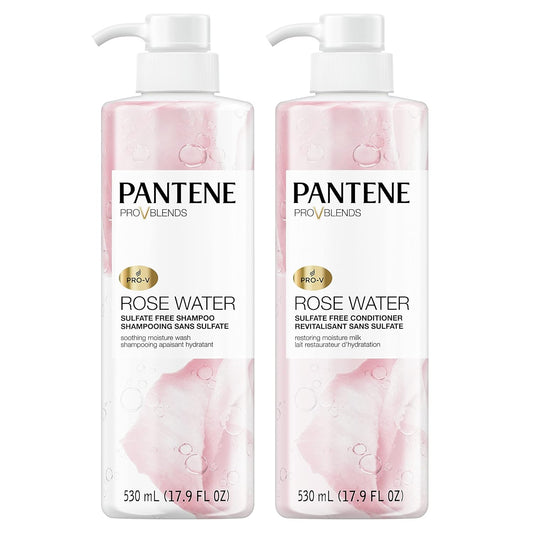 Pantene Rose Water Sulfate-Free Shampoo & Conditioner Set – Moisturizing & Soothing with Pro-V Blend + Vitamin B5 – For All Hair Types, 17.9 oz Each, 2 Pack