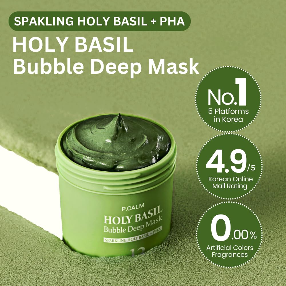 P.CALM Holy Basil Bubble Deep Mask – Pore Cleansing, Blackhead Removal & Hydrating Clay-to-Bubble Wash-Off Pack (90g)
