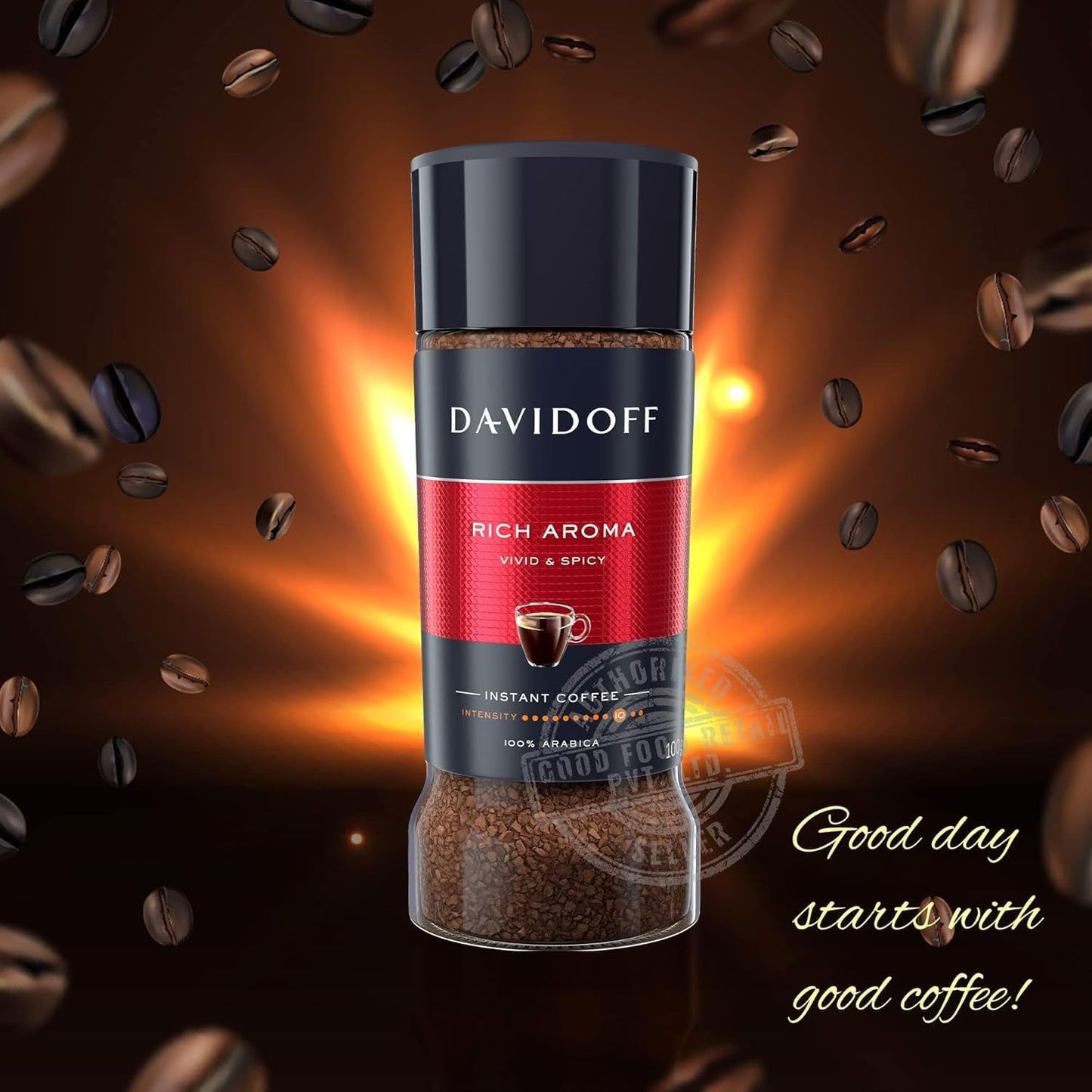 Davidoff Rich Aroma Instant Coffee – 100% Arabica, Intensity 10, 100g Jar