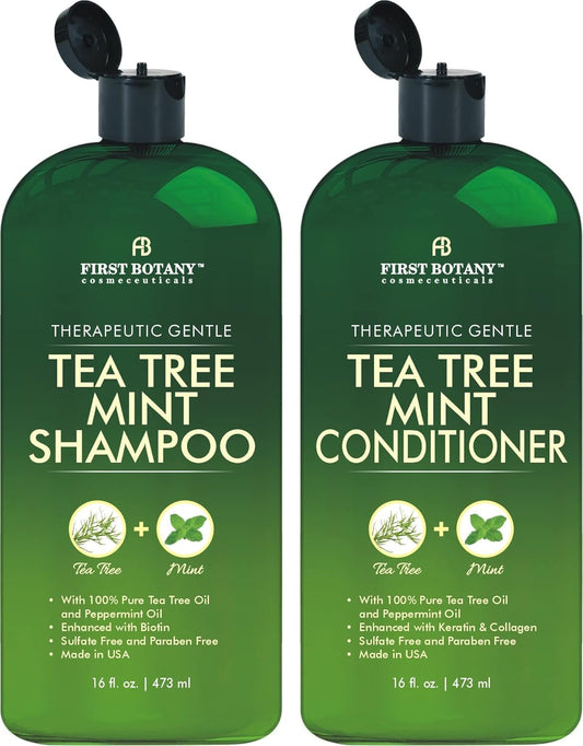 First Botany Tea Tree Mint Shampoo & Conditioner Set | Sulfate-Free Hair Growth & Anti-Dandruff Care with Peppermint & Argan Oil – 16 fl oz x 2