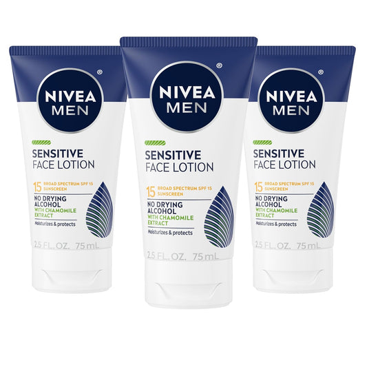 NIVEA MEN Sensitive Face Lotion with SPF 15 – Broad Spectrum Moisturizer for Sensitive Skin, 3 Pack (2.5 fl oz Each)