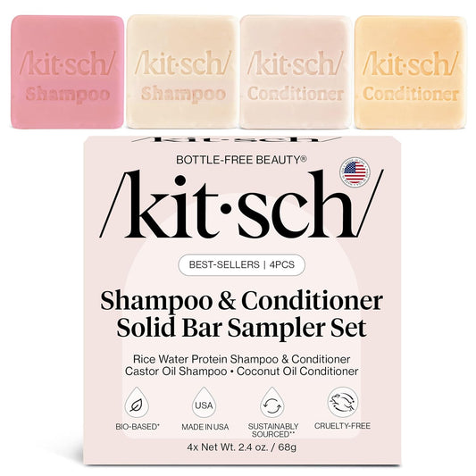 Kitsch Shampoo & Conditioner Bar Set | 4pc Sampler with Rice Water, Castor Oil & Coconut Oil | Bottle-Free, Eco-Friendly Hair Growth, Repair & Moisture
