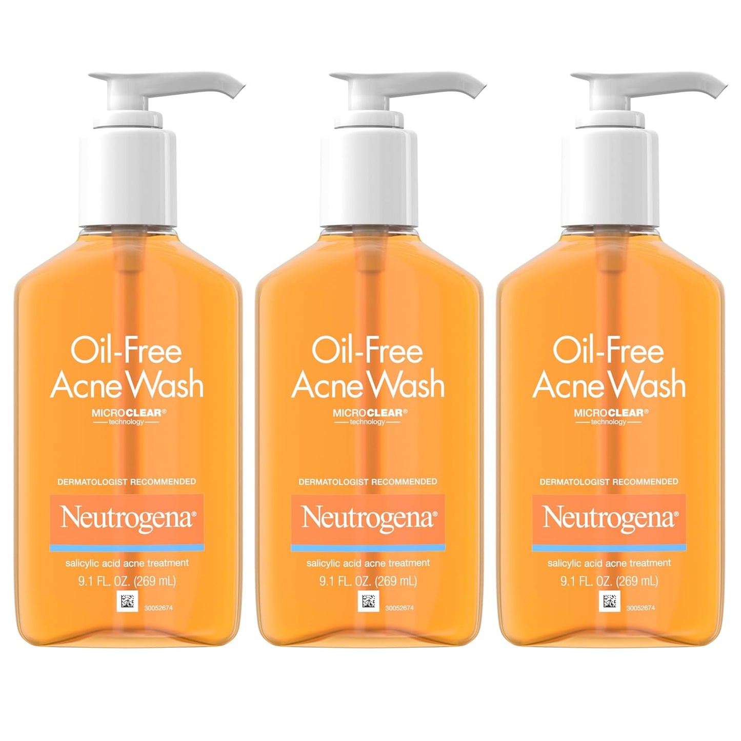 Neutrogena Oil-Free Acne Face Wash – Salicylic Acid Facial Cleanser with MicroClear Technology | 9.1 fl oz Pump Bottles, Pack of 3 | Daily Acne Treatment for Clear Skin