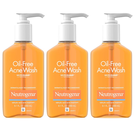 Neutrogena Oil-Free Acne Face Wash – Salicylic Acid Facial Cleanser with MicroClear Technology | 9.1 fl oz Pump Bottles, Pack of 3 | Daily Acne Treatment for Clear Skin