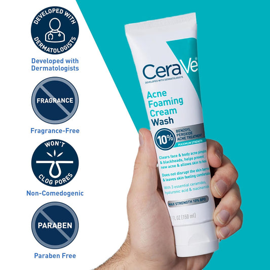 CeraVe Acne Foaming Cream Wash with 10% Benzoyl Peroxide & Niacinamide – 5oz