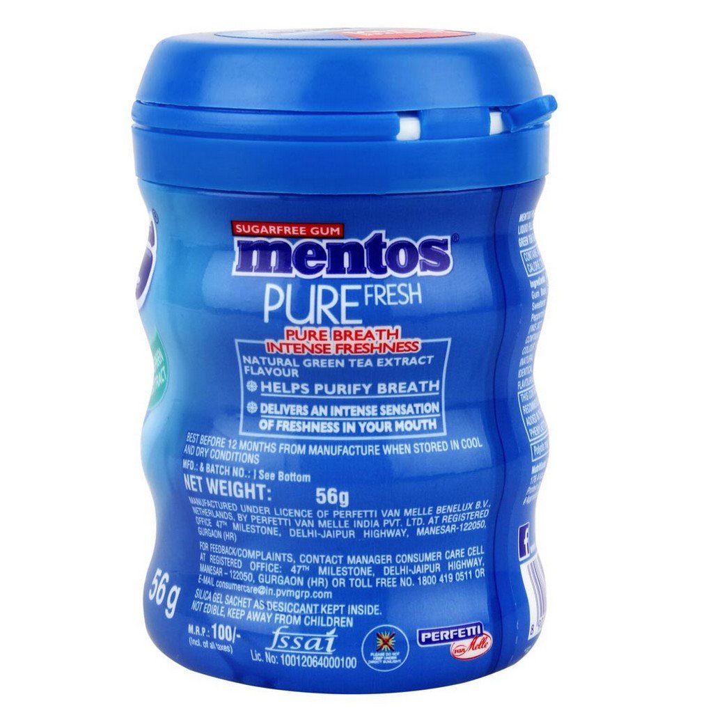 Mentos Pure Fresh Mint Chewing Gum – Sugar Free Gum Bottle (56g, 50 Pieces) | Long-Lasting Freshness & Breath Purifier | Vegetarian