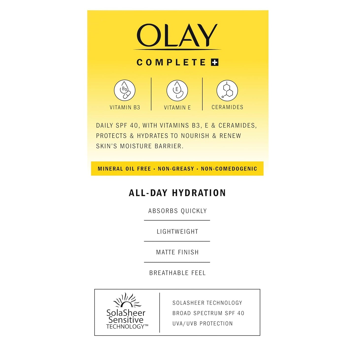 Olay Complete+ Moisturizer with Sunscreen SPF 40 | Fragrance-Free Face Lotion for Sensitive Skin | No White Cast, Lightweight, Vitamin-Enriched (6 oz)