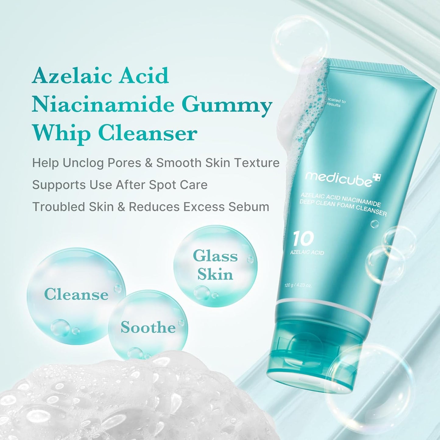 Medicube Azelaic Acid Gummy Whip Cleanser | Soothing Korean Face Wash for Pore Care & Excess Sebum Control | Niacinamide + Glycerin | 120g