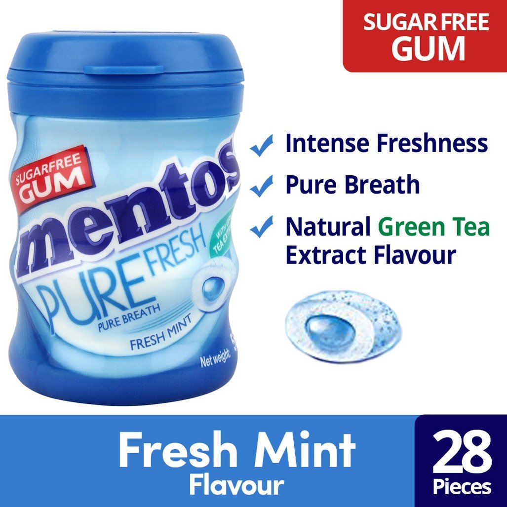 Mentos Pure Fresh Mint Chewing Gum – Sugar Free Gum Bottle (56g, 50 Pieces) | Long-Lasting Freshness & Breath Purifier | Vegetarian