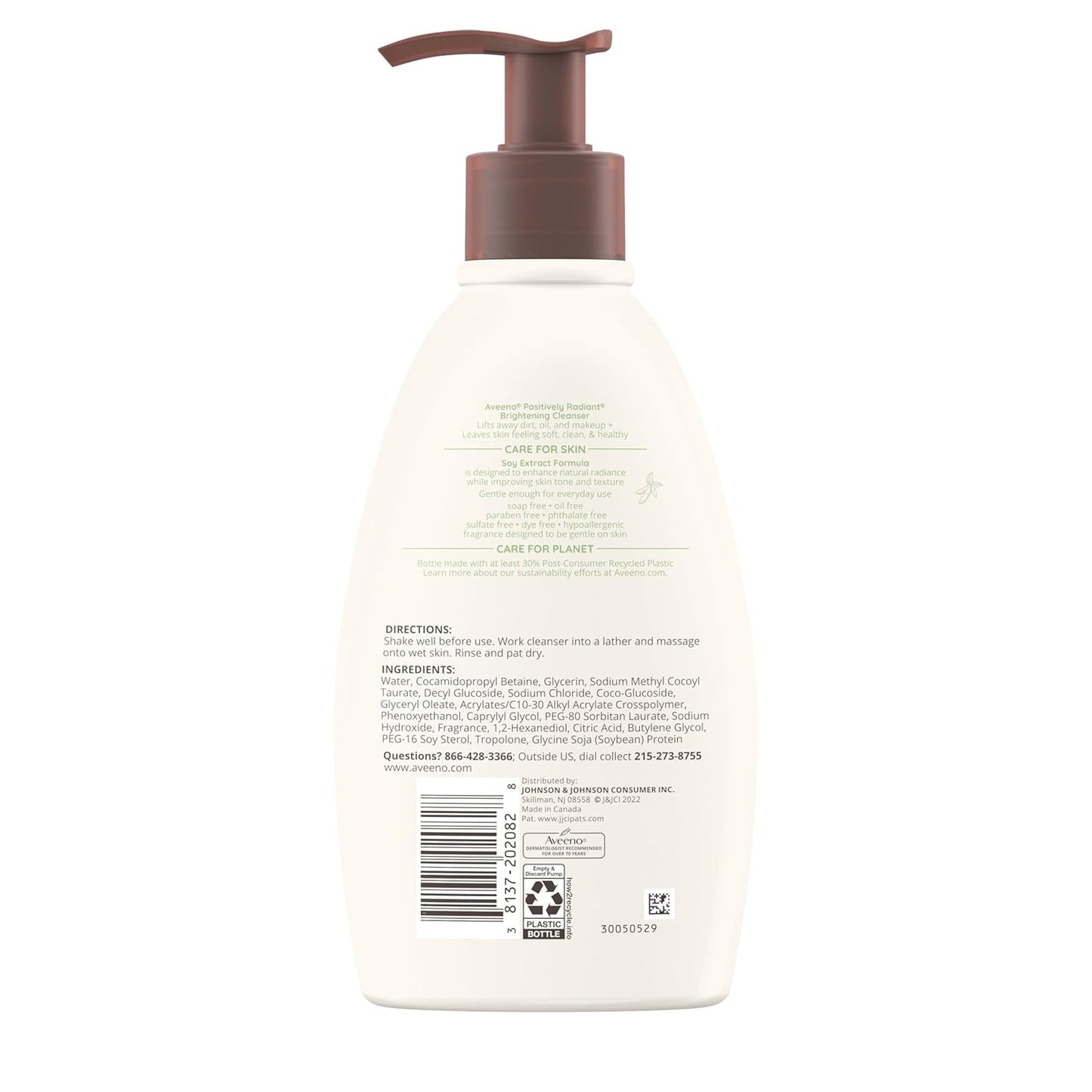 Limpiador facial iluminador Aveeno Positively Radiant con extracto de soja | Limpiador facial suave y sin aceite para piel sensible y apagada | Hipoalergénico, no comedogénico | 325 ml